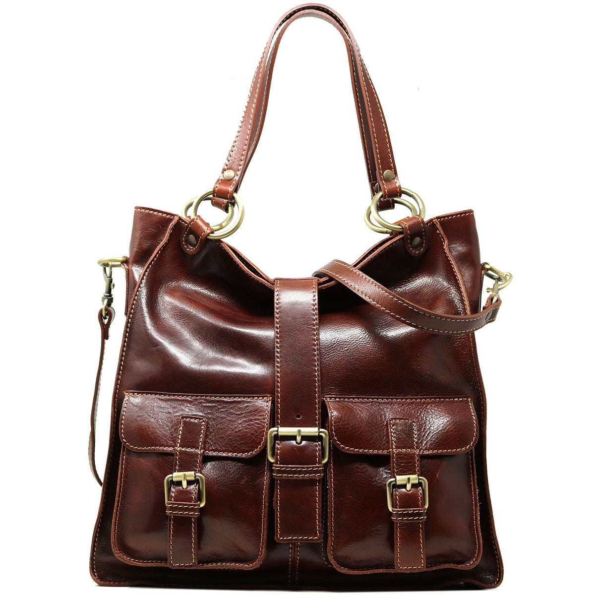 Monogram Floto Leather Boston Bag Handbag Vecchio Brown