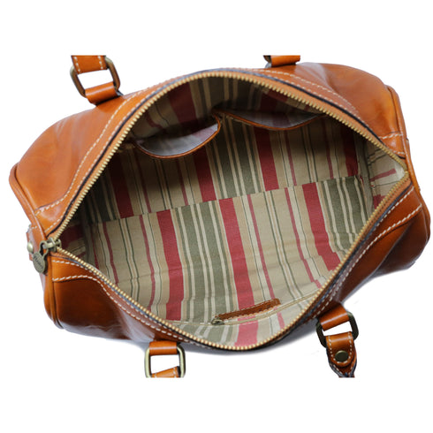 Floto Boston Leather Duffel Bag - Full Grain Vegetable Tanned Leather, Brass Hardware, 8x6x12 Inches